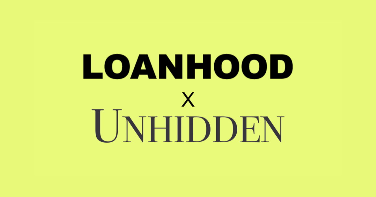 Text Loanhoodhood x Unhidden is in black text over a neon yellow background.